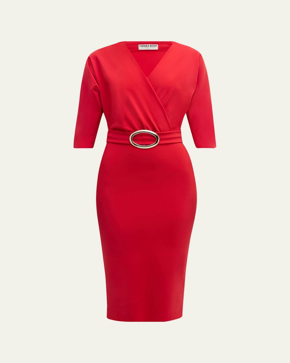 Buckle-Embellished Surplice Bodycon Dress